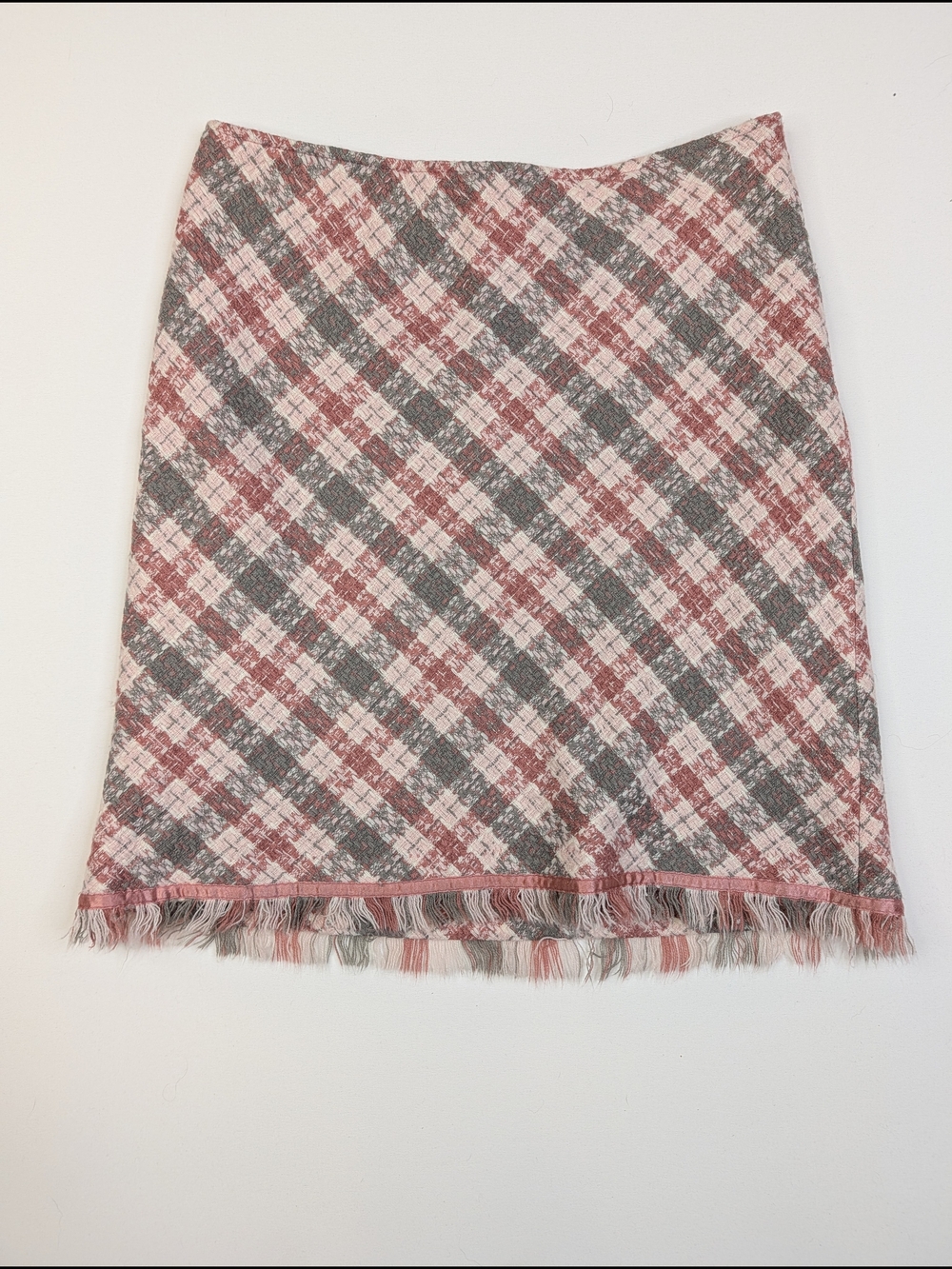 VTG mac & jac Pink and Gray Plaid Midi Skirt with Fringe Hem